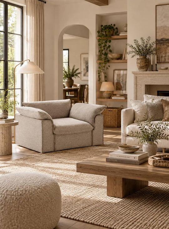 Fauteuil HKliving Nomad : un siège XXL confortable et raffiné, idéal pour les intérieurs modernes et chaleureux. beige