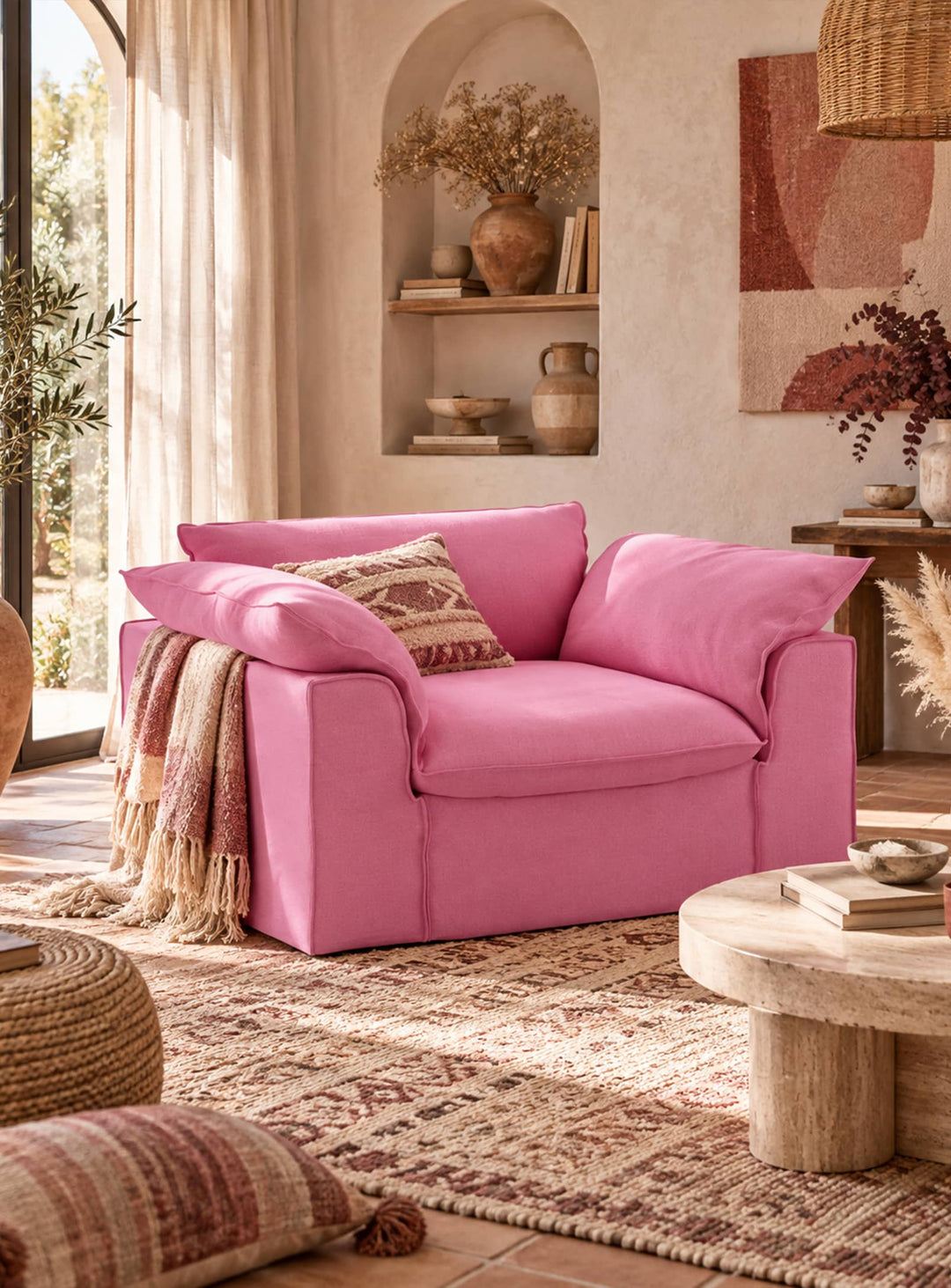 Fauteuil HKliving Nomad : une assise cocon aux proportions généreuses, parfaite pour un salon convivial. candy