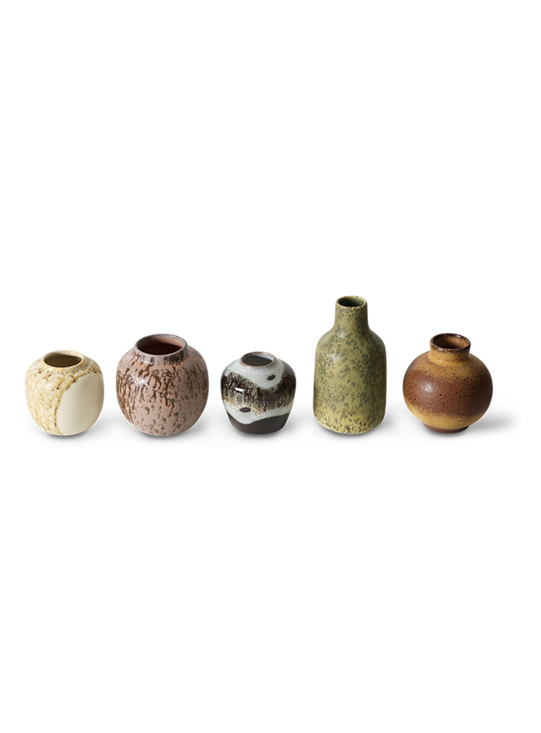 Set de vases Pursuit 70s Ceramics HKliving, cinq silhouettes originales pour une décoration chaleureuse et rétro.