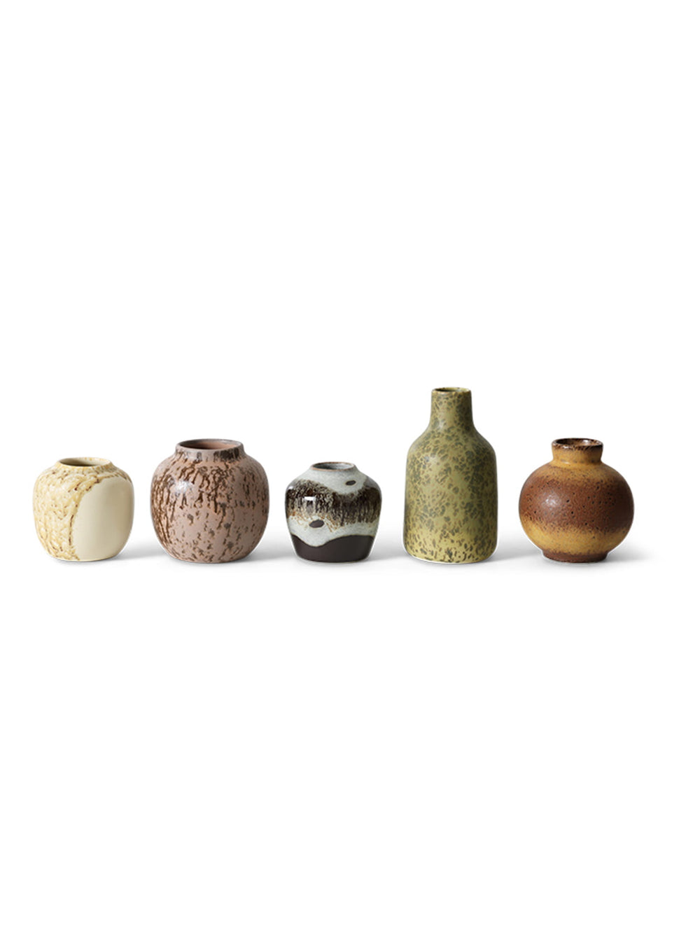 Vases Pursuit 70s Ceramics HKliving, un set de 5 petits vases en grès aux finitions artisanales et multicolores.