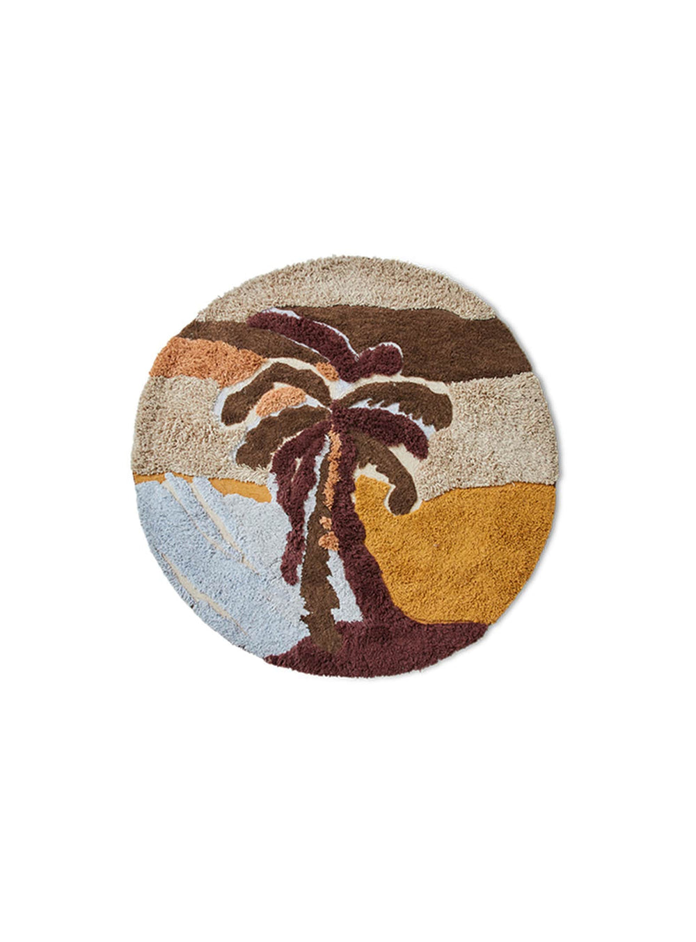 Tapis rond Palm Beach de HKliving : palmiers stylisés et ambiance solaire.