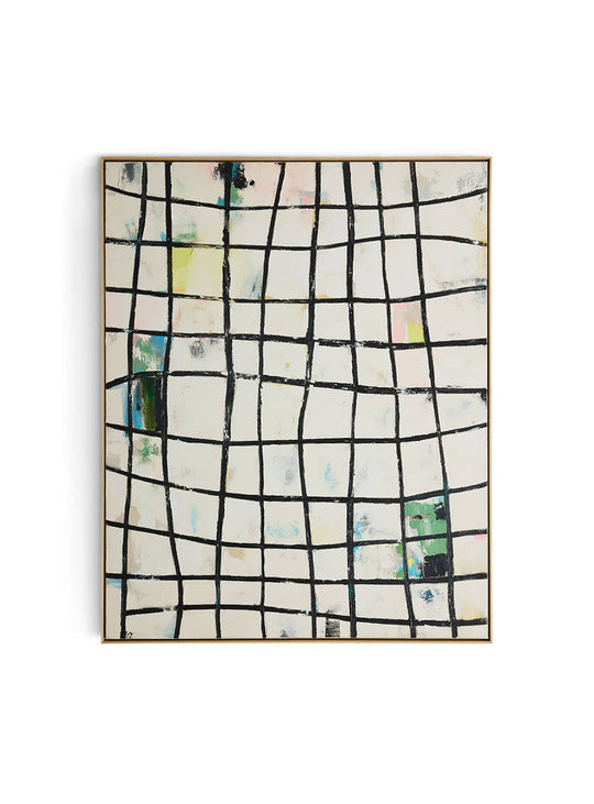 Tableau Wired HKliving, une toile contemporaine mêlant grille noire, fond blanc et accents colorés.