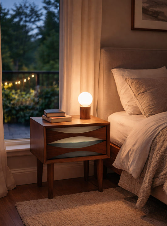 Lampe Jiar, design épuré avec base en marbre ou bois pour une élégance discrète. noyer