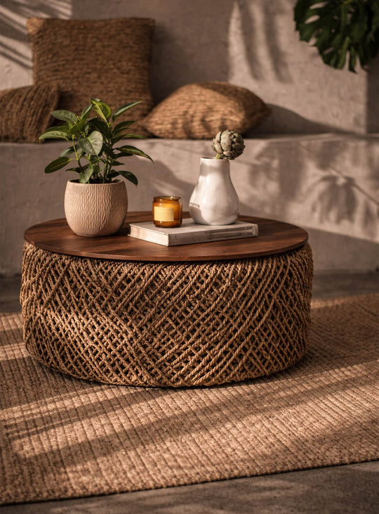 Table à café Knut artisanale et polyvalente, plateau amovible en teck recyclé et base en abaca.