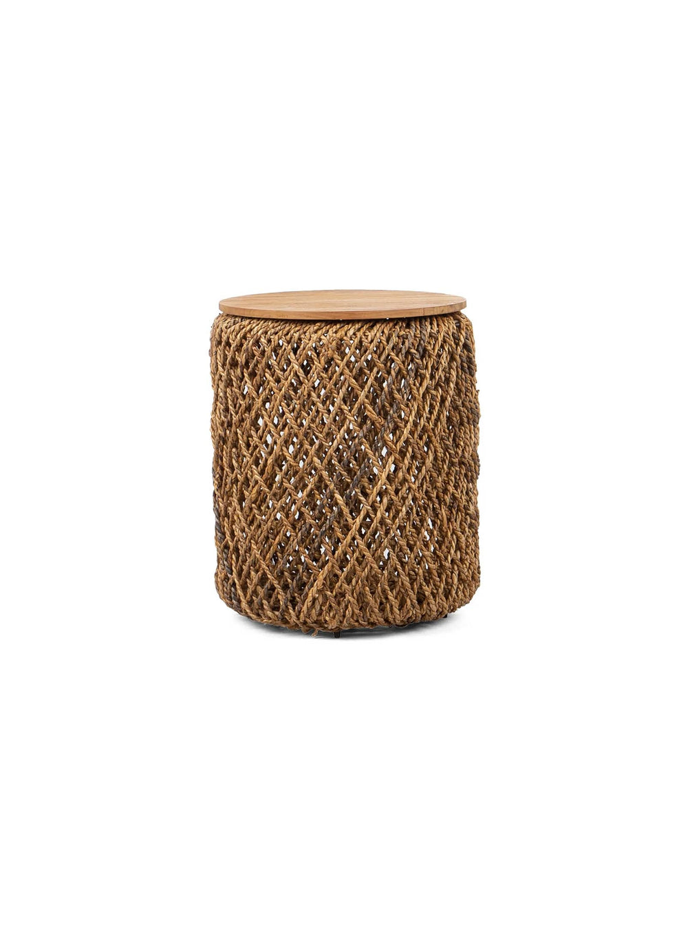 Table d’appoint Knut durable et polyvalente, faite main en abaca et teck recyclé au charme rustique.