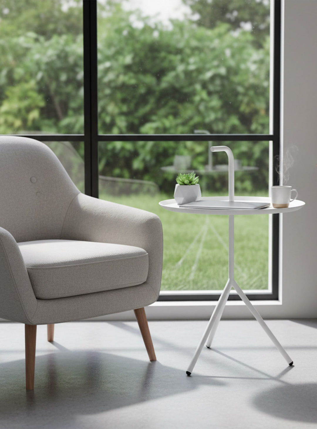 Leave : table d’appoint pratique avec poignée intégrée équilibrée. blanc