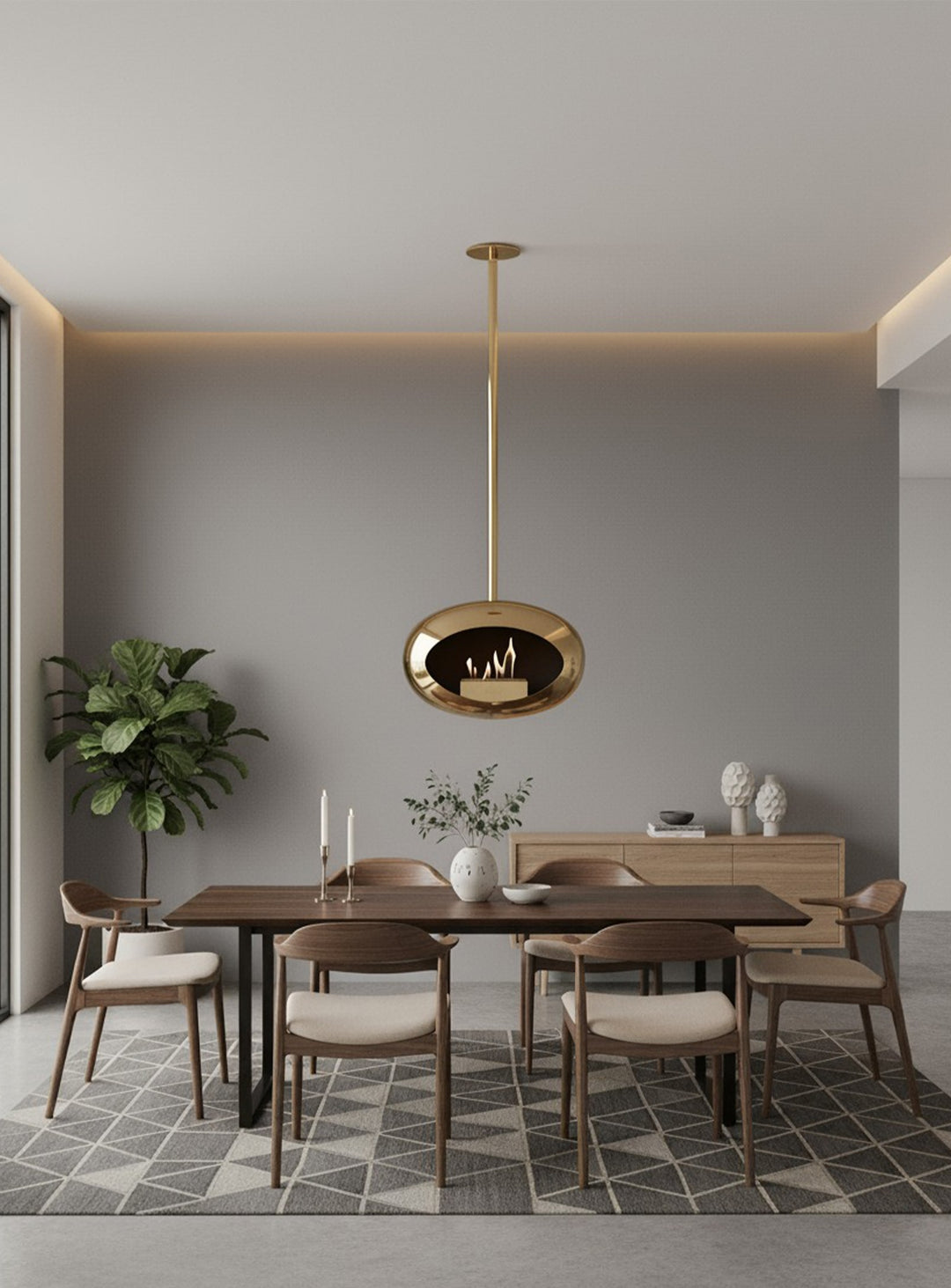 Le Feu Sky Dome or rose chromé : cheminée suspendue élégante et fonctionnelle.