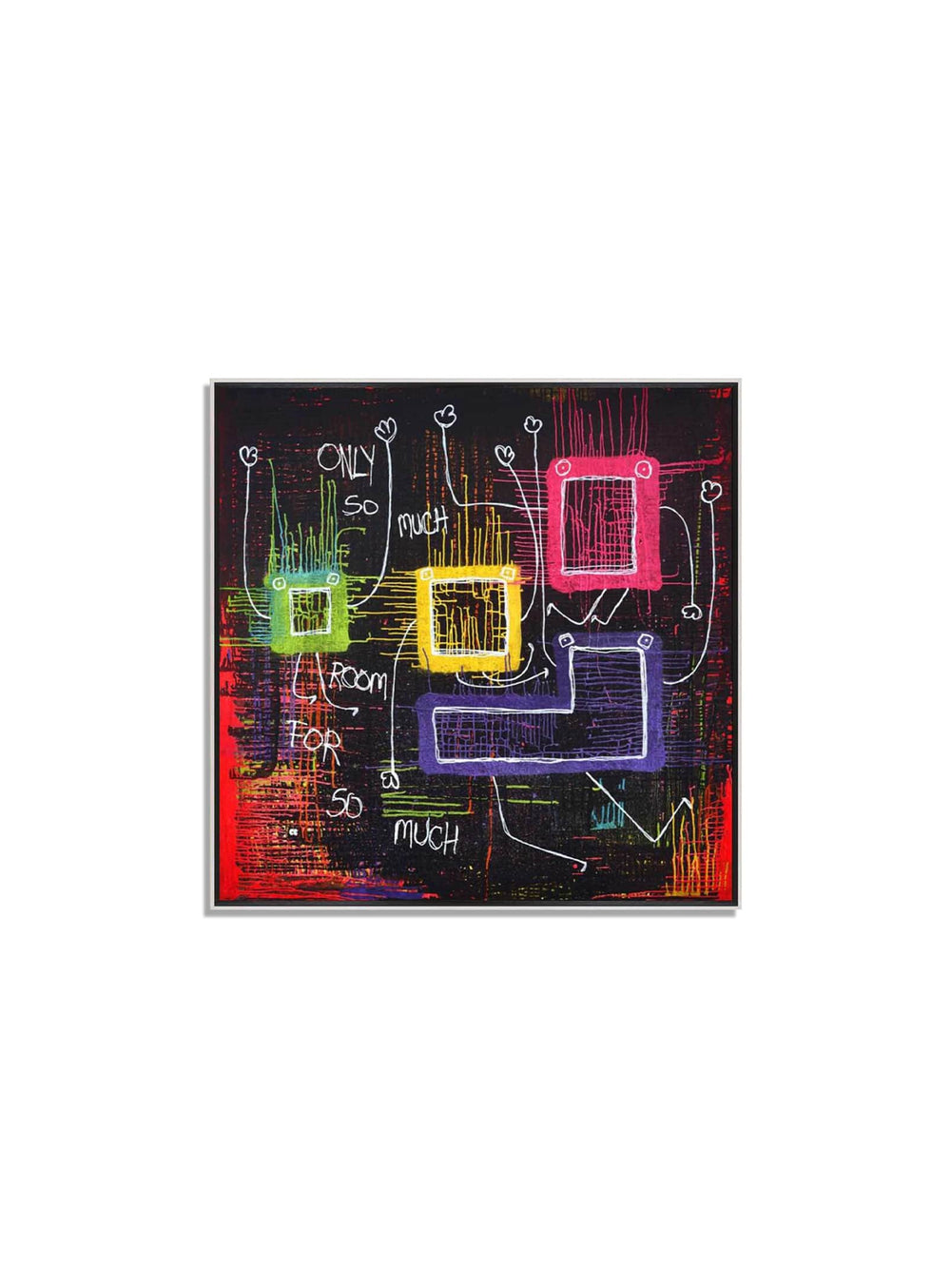 Explorez 'Only So Much Room' de Christian Carl : une toile captivante où formes géométriques et couleurs vives s'entrelacent dans l'obscurité.