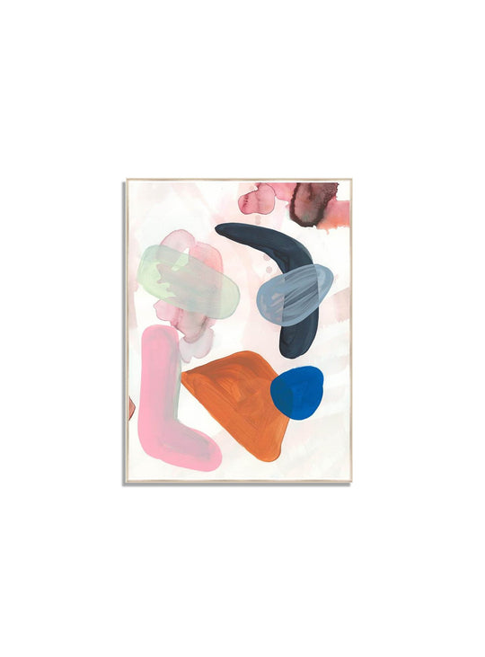 Toile Rocks Danielle Davis, une œuvre abstraite sur fond écru aux accents orange, bleu et rose.