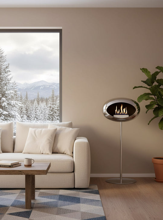 Foyer design High Dome de Le Feu argent : feu pur et allure zen.