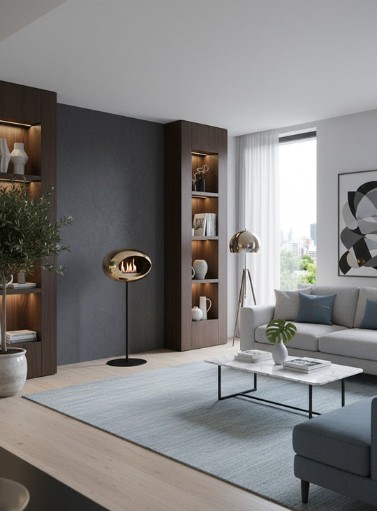 High Dome en or rose chromé de Le Feu : cheminée autoportante pour maison design.