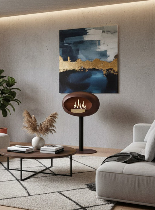 Cheminée autoportante Low Dome en Mocca de Le Feu : élégance chaleureuse.