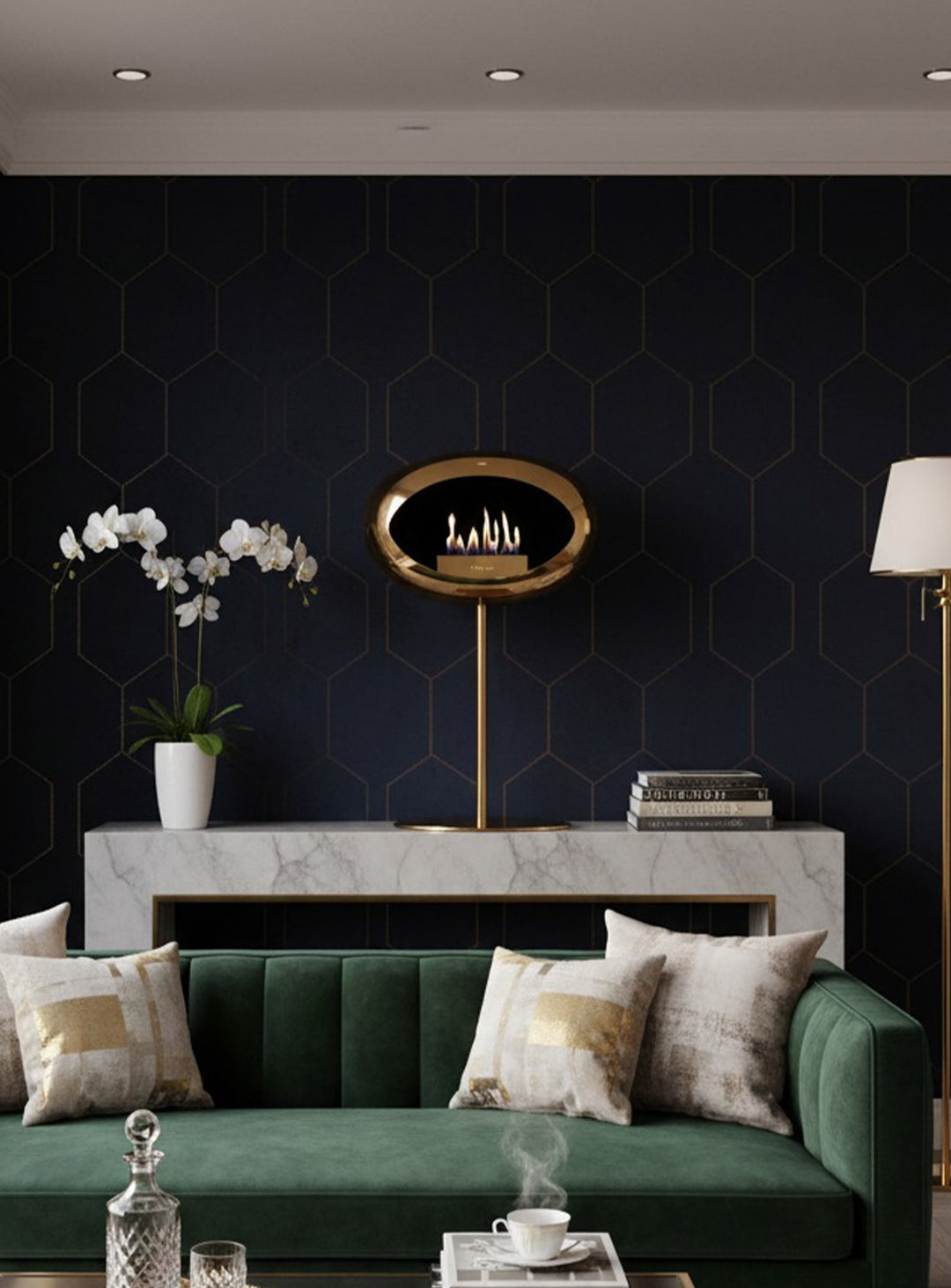 Cheminée autoportante Low Dome en or rose de Le Feu : chic et éclatante.