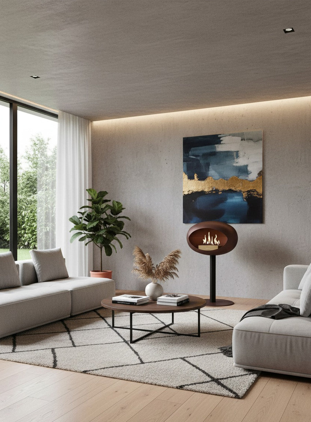 Cheminée autoportante Low Dome en Mocca de Le Feu : chaleur conviviale.