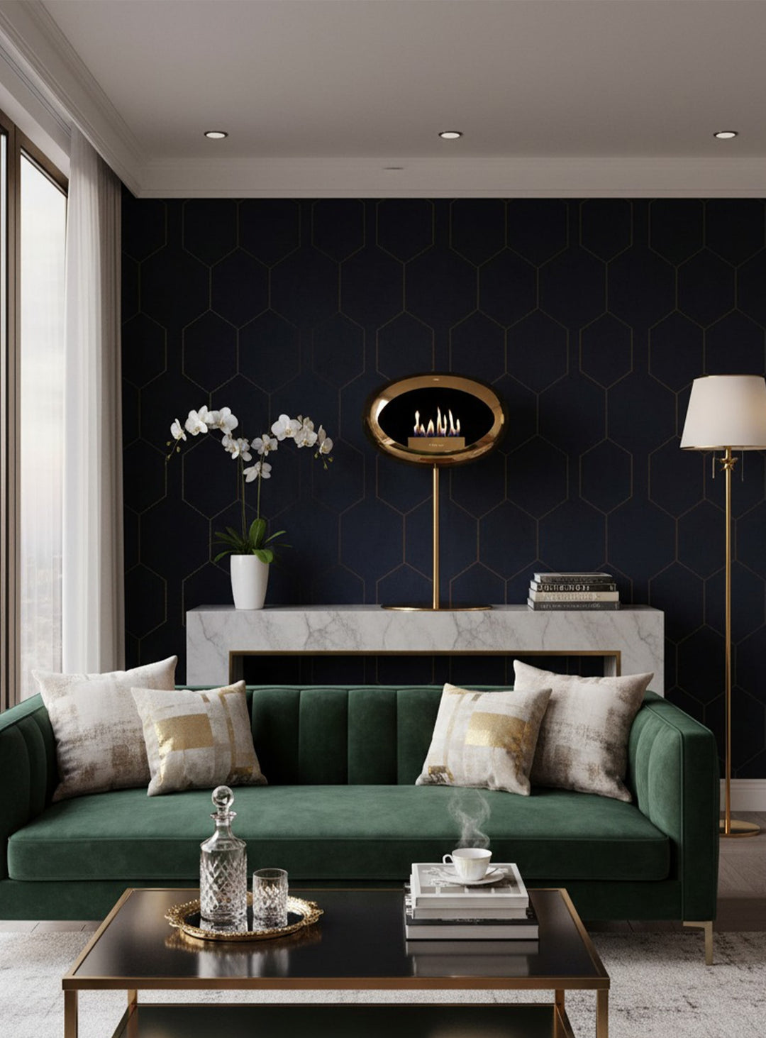 Le Feu Low Dome en or rose : cheminée autoportante condo design.