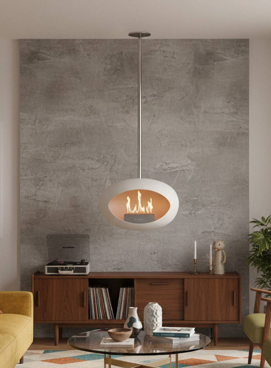 Cheminée suspendue Sky Dome blanc de Le Feu : design aérien et chaleur moderne.