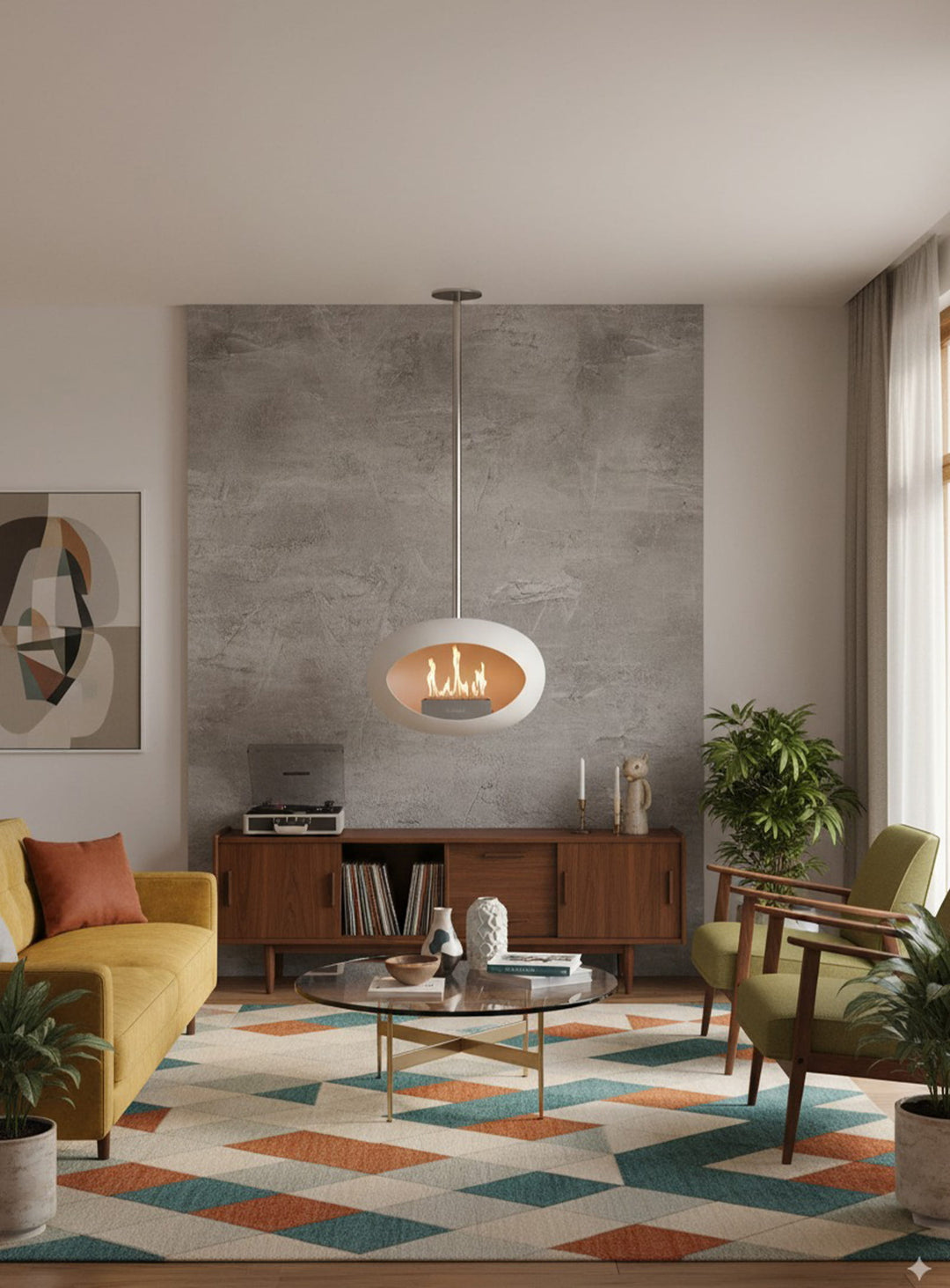 Le Feu Sky Dome blanc : cheminée suspendue bioéthanol élégante et pratique.