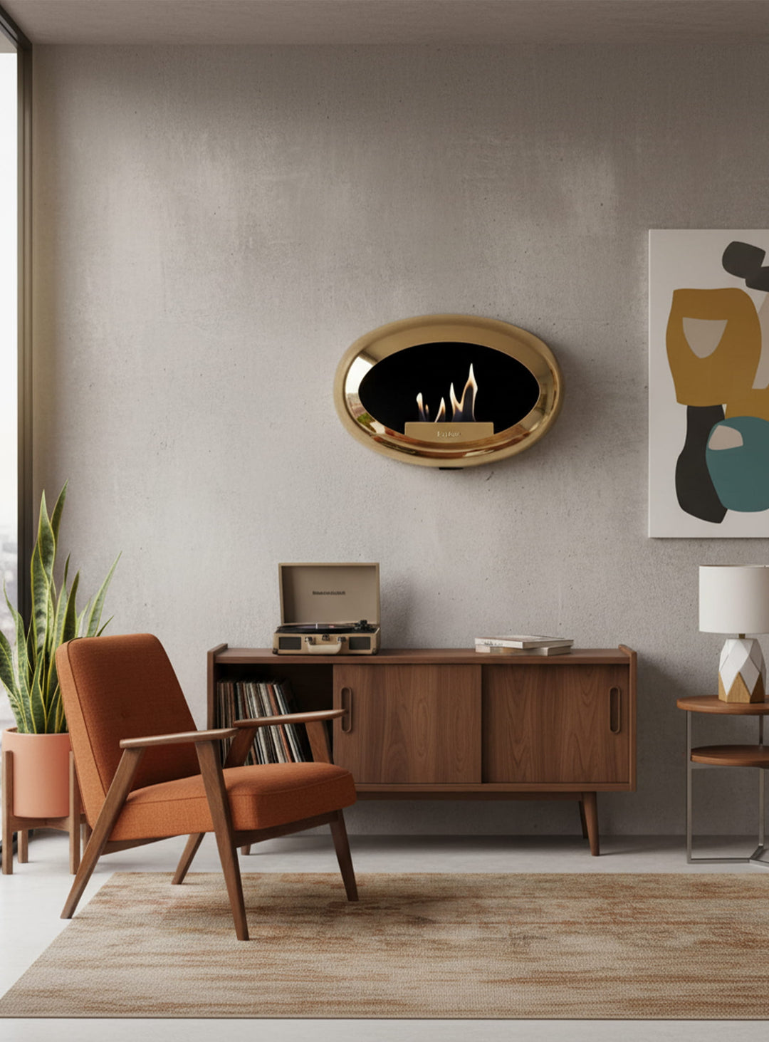 Cheminée murale Wall Dome or rose chromé de Le Feu : chaleur et raffinement.