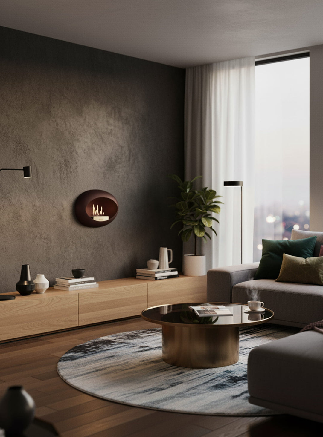 Wall Dome en mocca de Le Feu : foyer mural pratique, compact et raffiné.