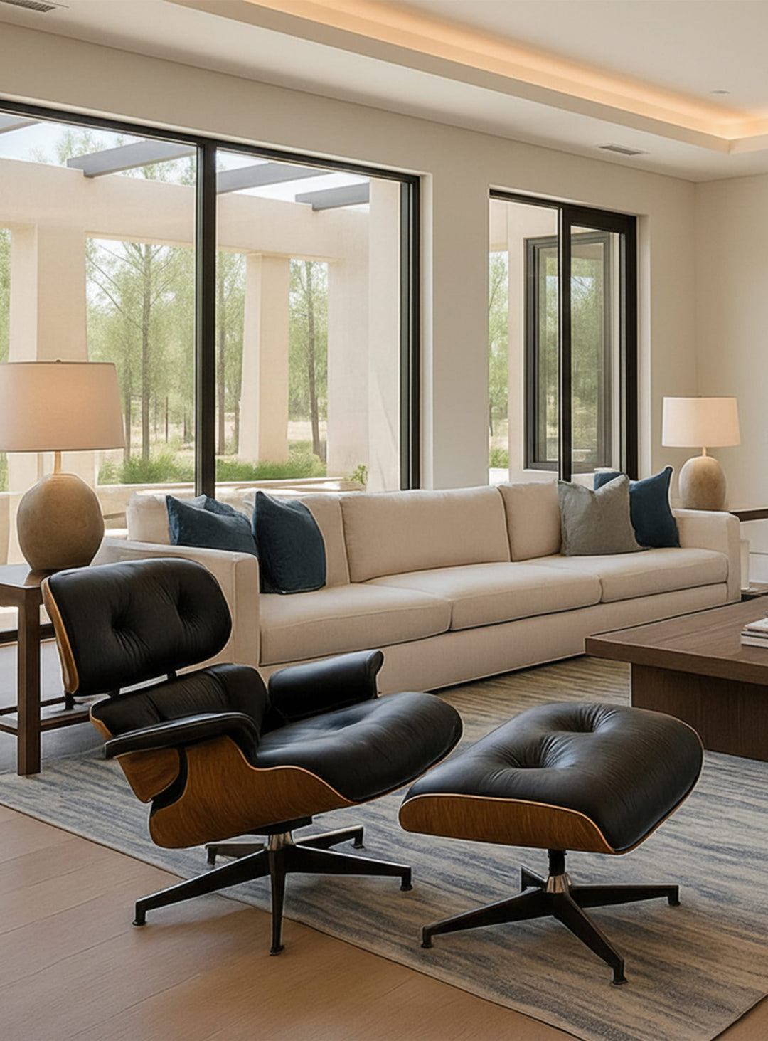 Fauteuil Lounge Nüspace : bois de noyer, cuir capitonné et confort total. noir