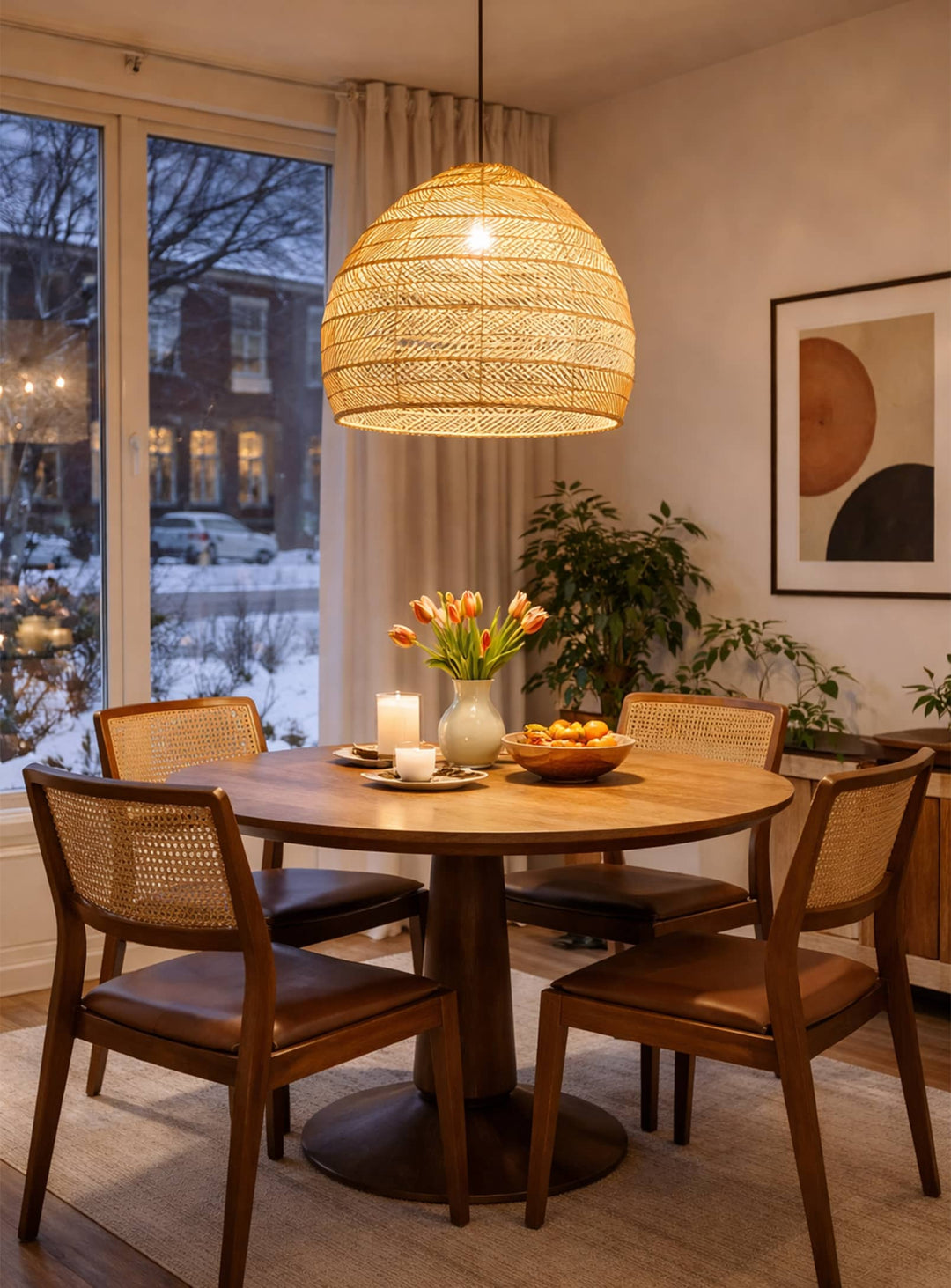 Lampe suspendue Luna en bambou et rotin tressé, lumière douce et ambiance chaleureuse. naturel 24"