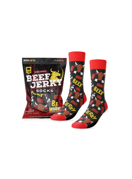 Bas Main and Local Beef Jerky : des chaussettes fantaisie confortables au design inspiré de la viande séchée.