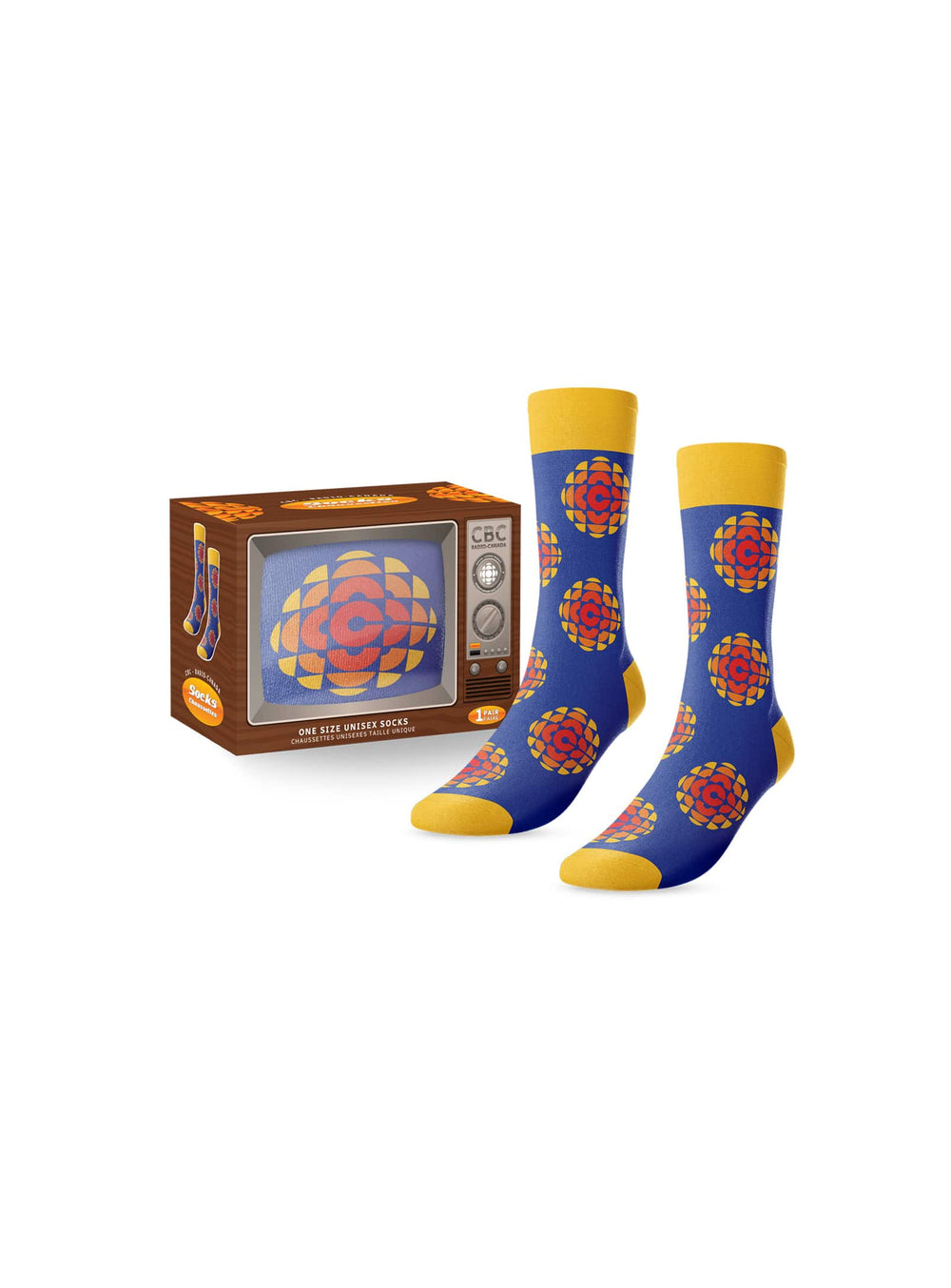 Bas CBC Main and Local, bas colorés inspirés du célèbre logo canadien.