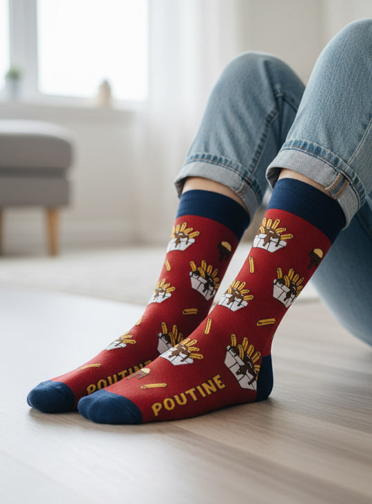 Bas Poutine Main and Local, chaussettes fun aux motifs de poutine québécoise.