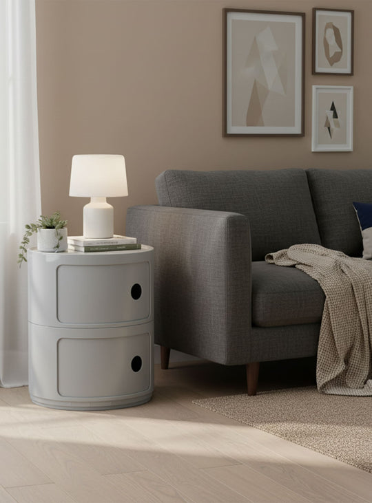 Table d’appoint Moderno 2 : design astucieux à portes coulissantes. blanc