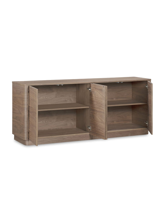 Buffet Round Off de Blu Dot, grain de noyer mis en valeur avec finesse. noyer