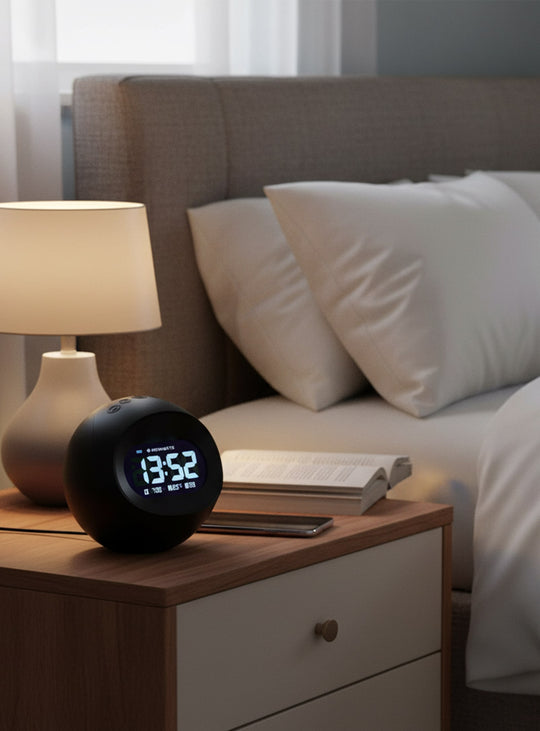 Réveil Centre de la Terre Newgate : design sphérique rétro-moderne, écran LCD clair et alarme digitale avec snooze. Noir.