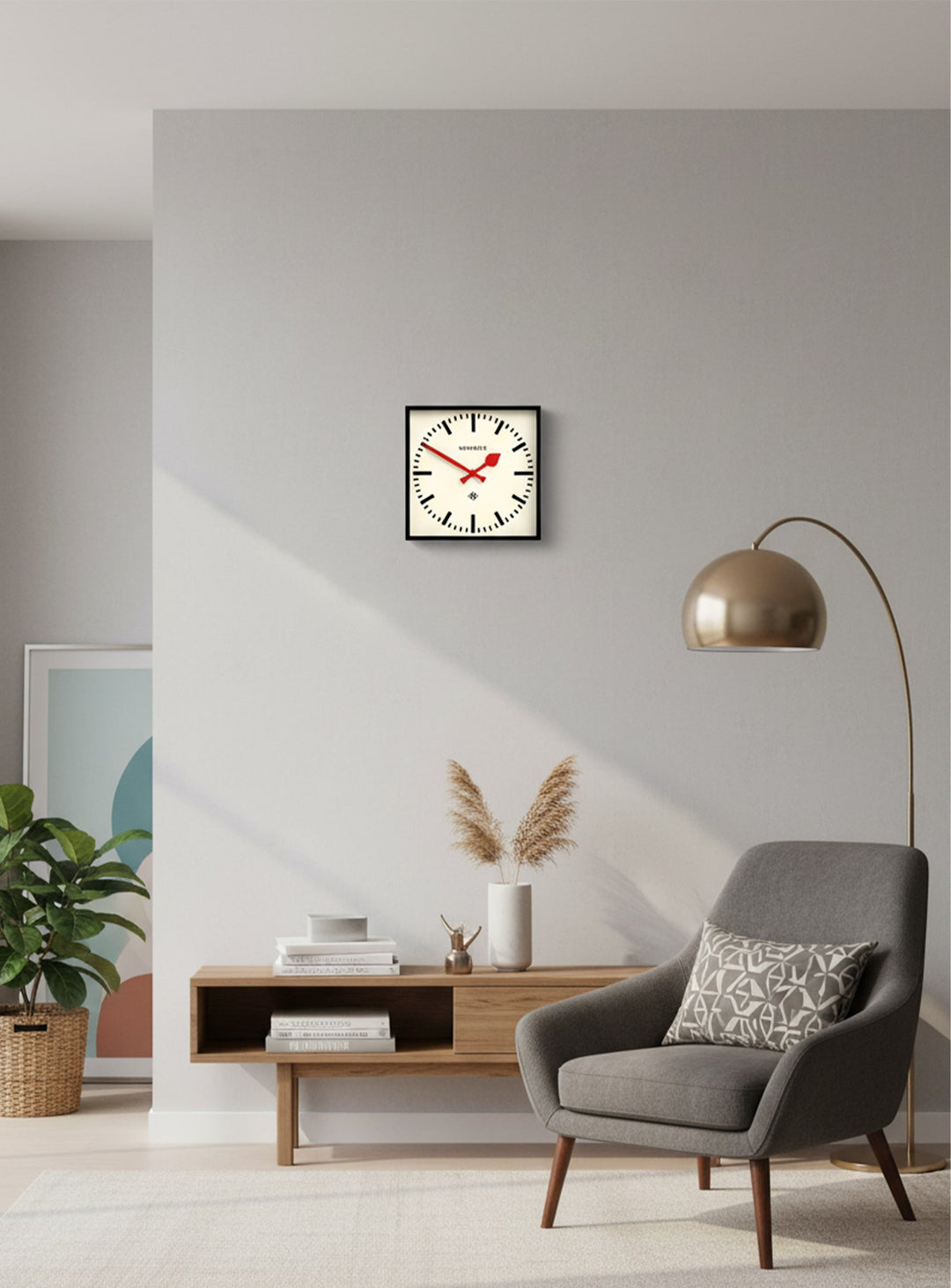 Horloge Number Five Newgate : élégance sobre, boîtier carré noir et cadran de style industriel chic.