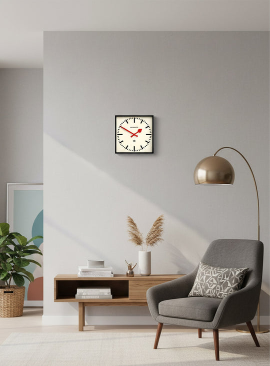 Horloge Number Five Newgate : élégance sobre, boîtier carré noir et cadran de style industriel chic.