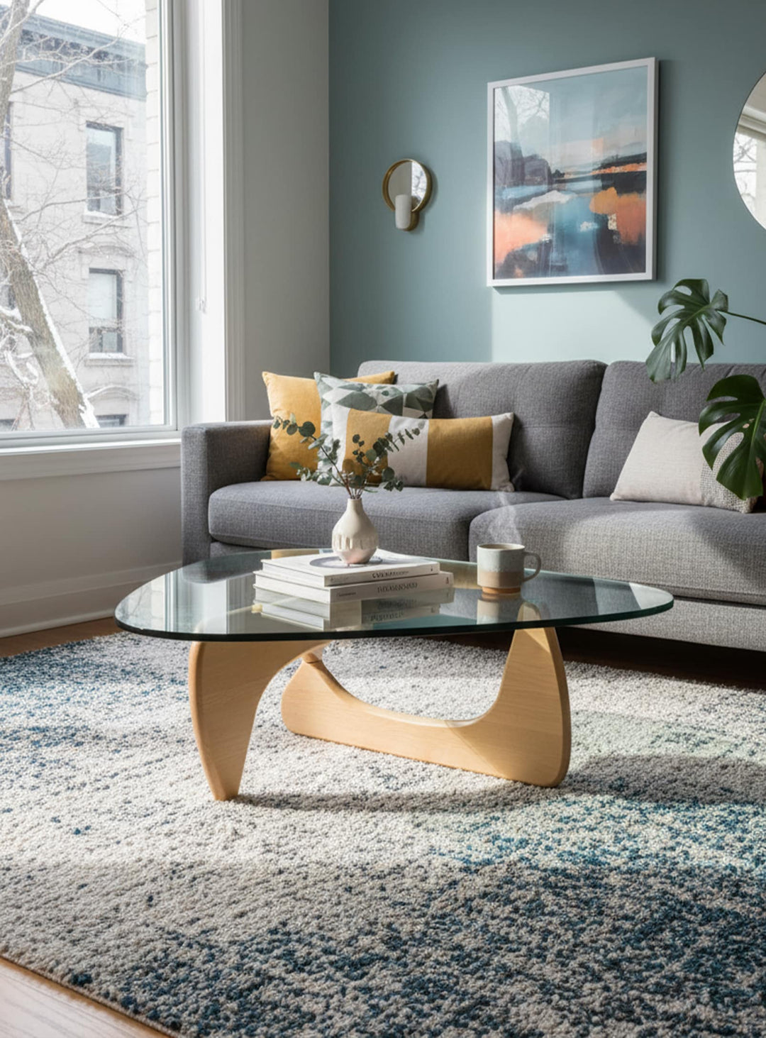 Table à café Noguchi Nüspace : design iconique, verre et bois massif. naturel