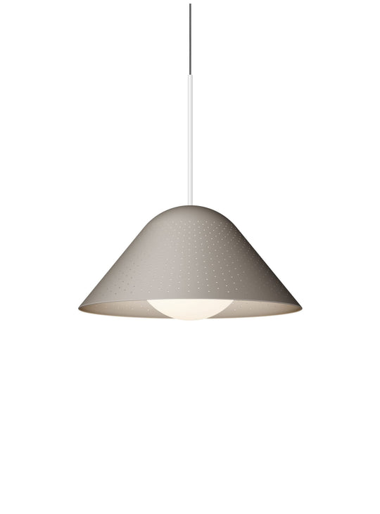 Suspension Bola Bell Pablo Designs, une lampe LED sculpturale aux perforations délicates et à la lumière chaleureuse. taupe