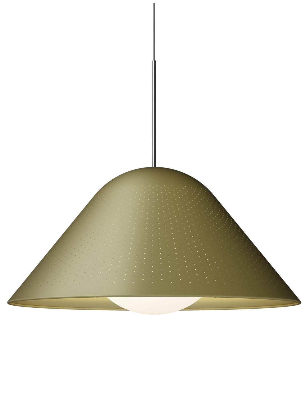 Lampe Bola Bell Pablo Designs, une suspension LED raffinée en aluminium perforé et verre opale. mousse