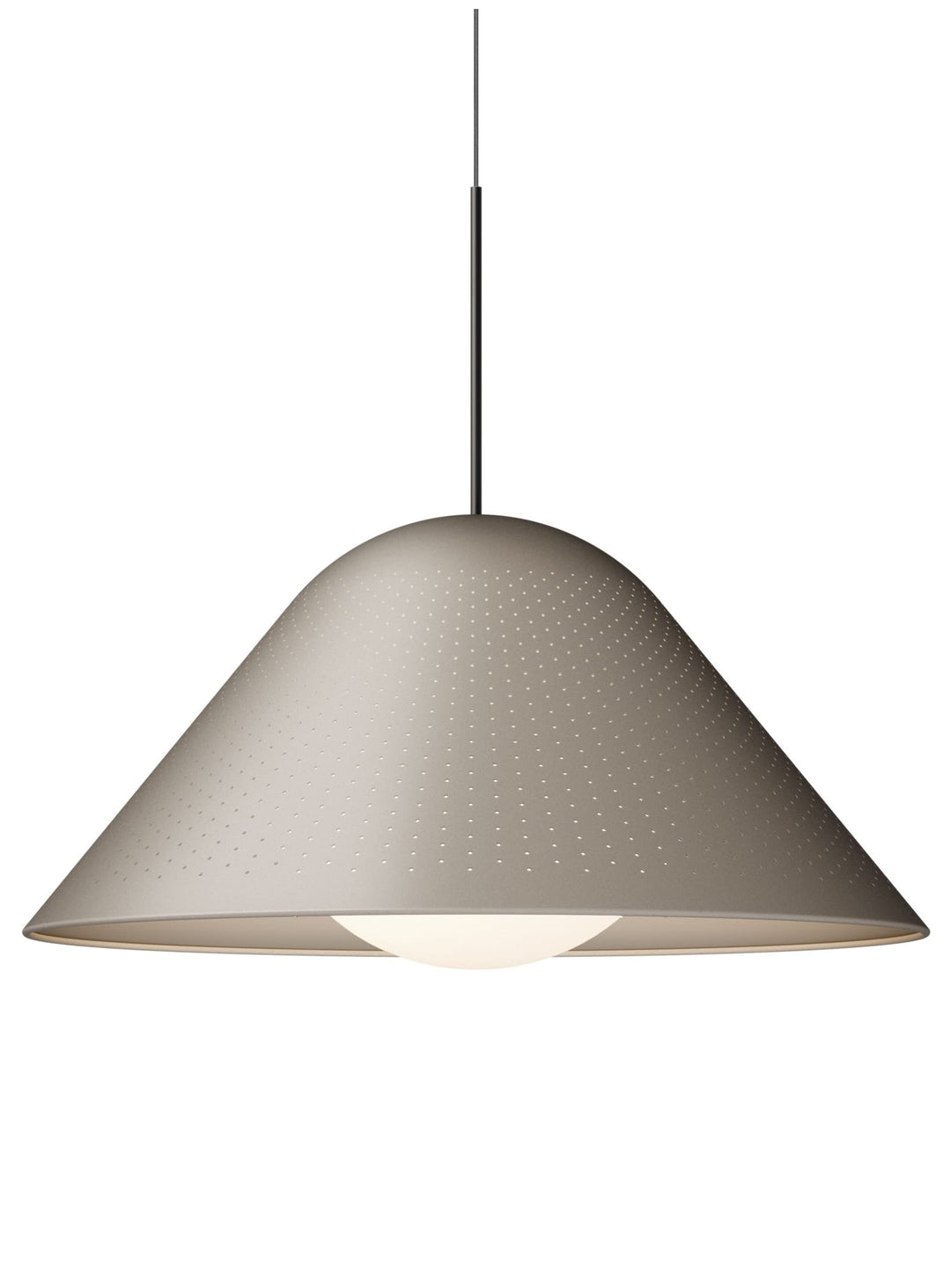 Lampe Bola Bell Pablo Designs, une suspension contemporaine en aluminium et verre opale au rendu raffiné. taupe