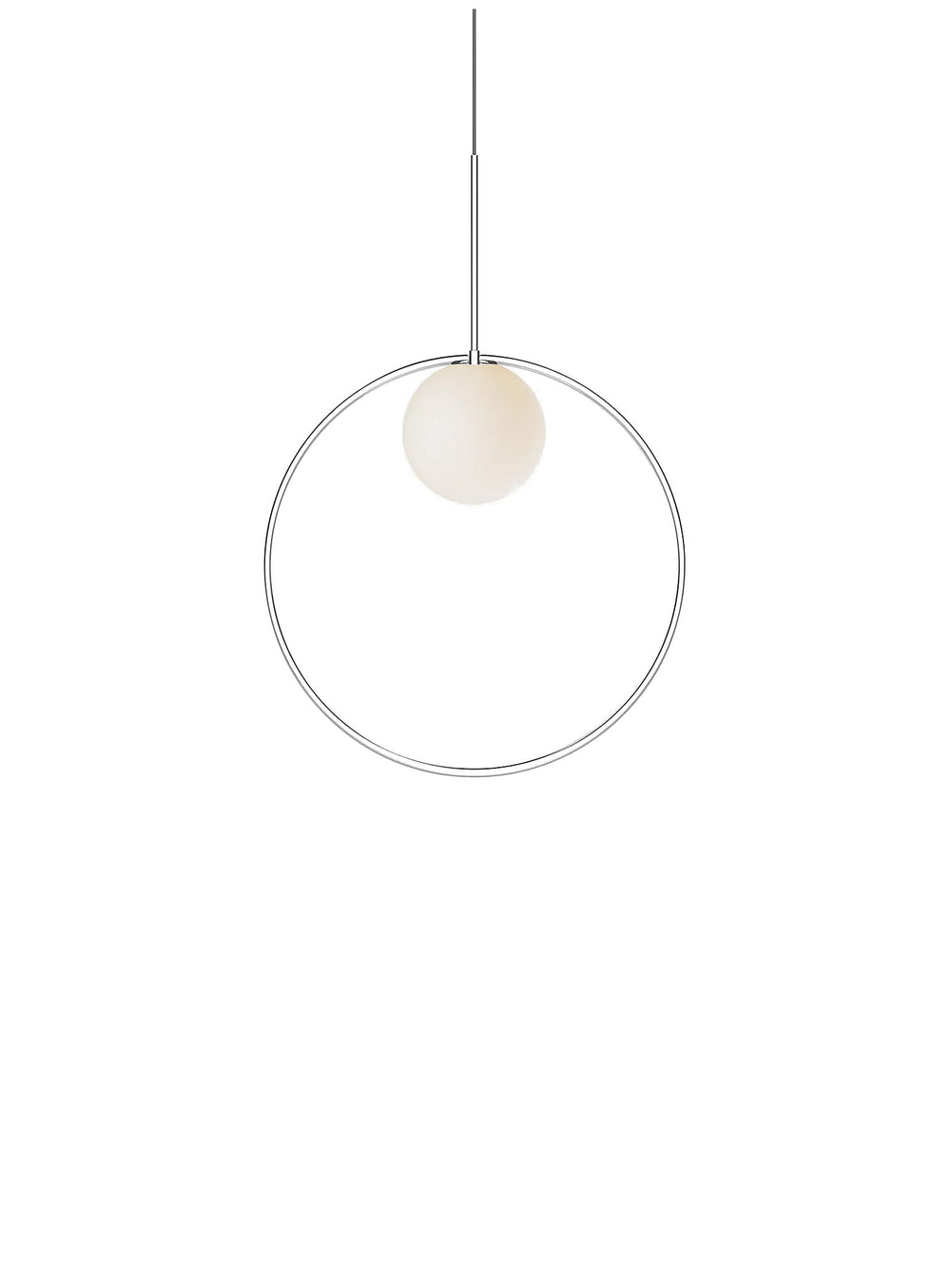 La lampe suspendue Bola Halo de Pablo Designs associe un globe lumineux et un anneau chromé orientable. chrome