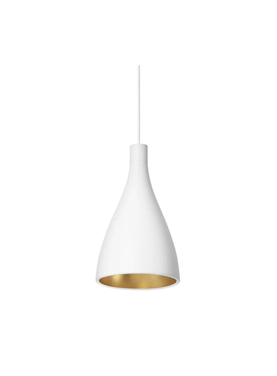 Lampe suspendue Pablo Designs Swell Narrow au design élancé avec LED et intérieur en laiton radiant. blanc
