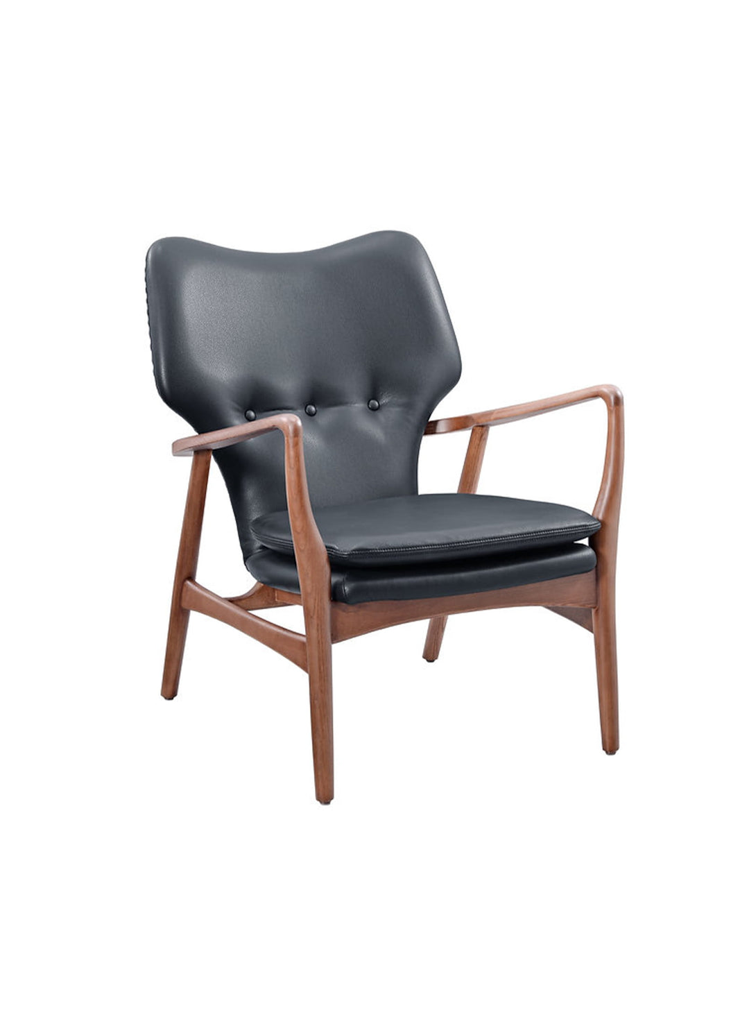 Fauteuil Peggy Classique du design, un modèle mid-century aux courbes douces et au revêtement moelleux. cuir noir