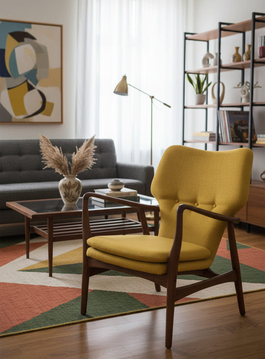 Peggy, fauteuil de style mid-century aux lignes douces et confort d’assise généreux. Jaune.