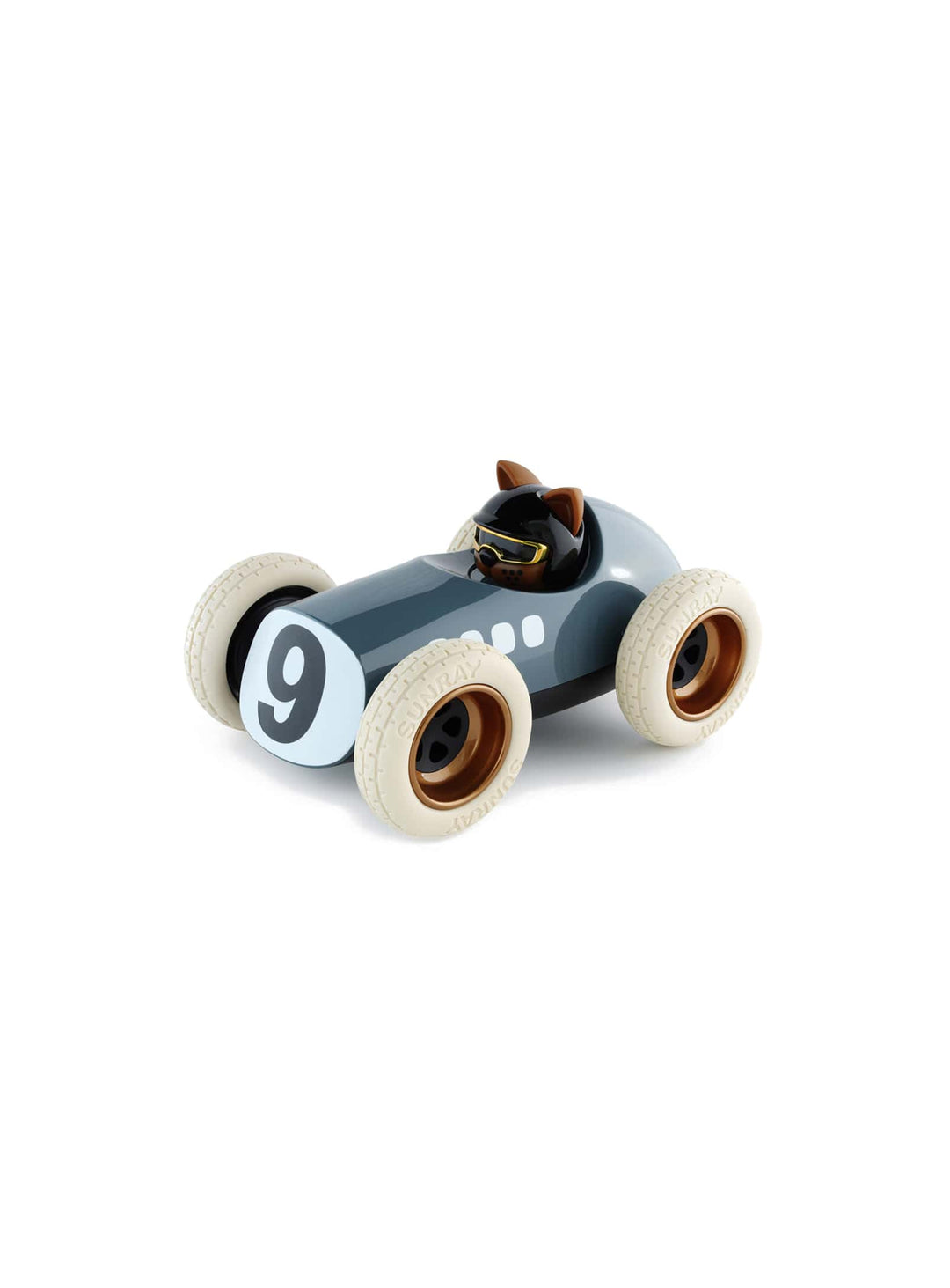 Voiture Egg Roadster Playforever, petit roadster rétro avec pilote Karlos. scrambler