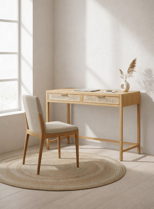 Bureau Rattan, un espace de travail chic mêlant osier tissé et design épuré. naturel