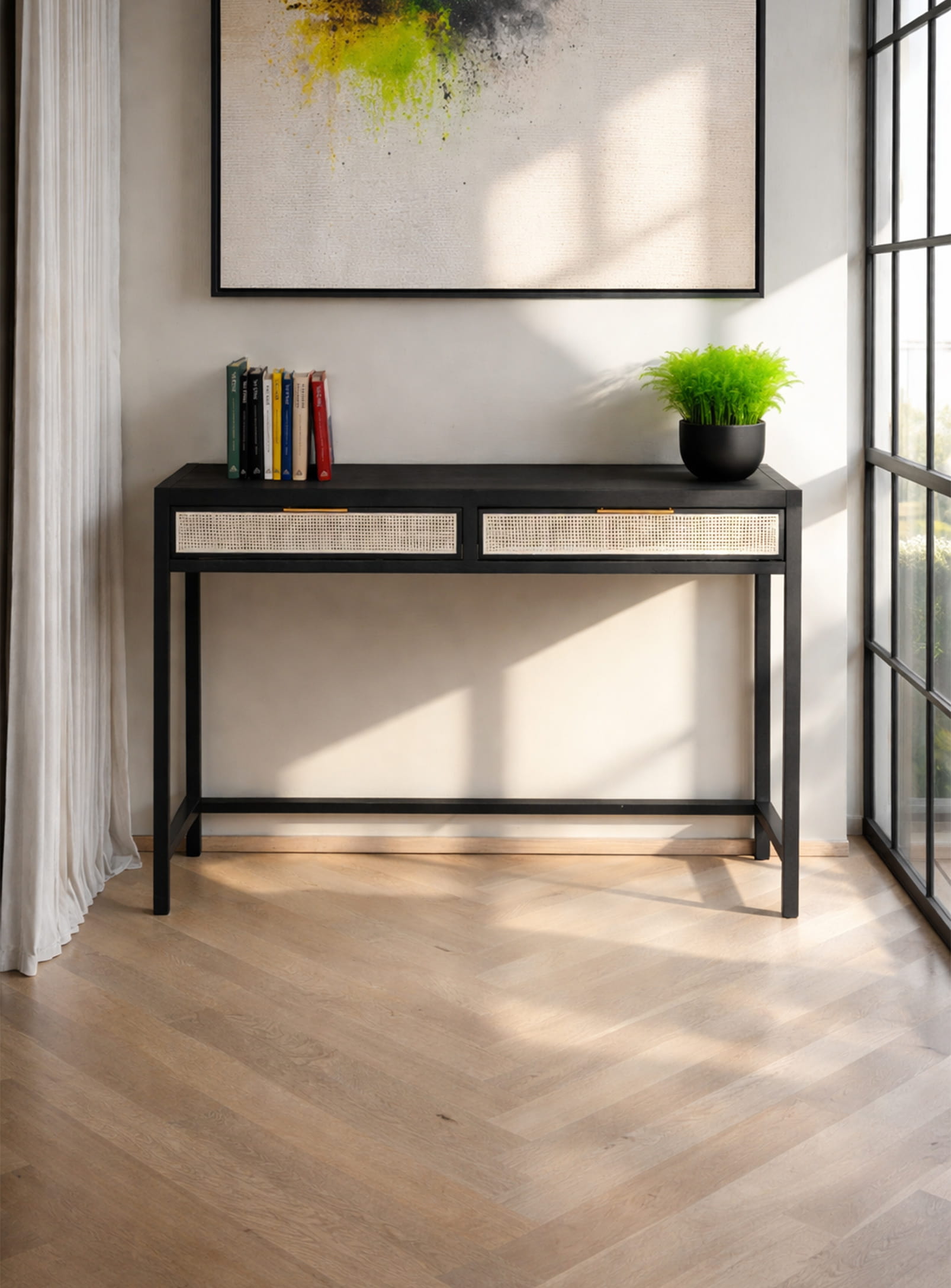 Rattan: Wooden and wicker desk with 2 drawers – Nüspace