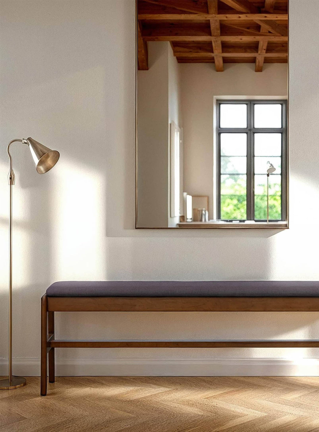 Remix : banc en bois massif avec revêtement coton-lin. gris.