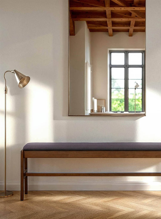 Remix : banc en bois massif avec revêtement coton-lin. gris.