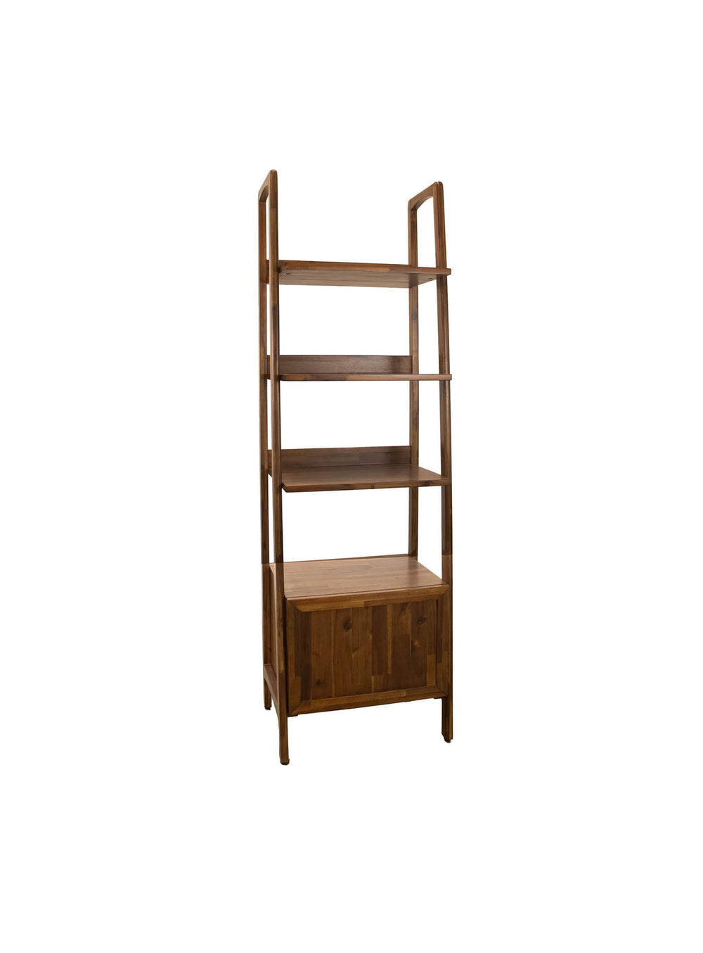 Bibliothèque Remix en acacia massif au design rétro scandinave avec quatre étagères et rangement fermé.