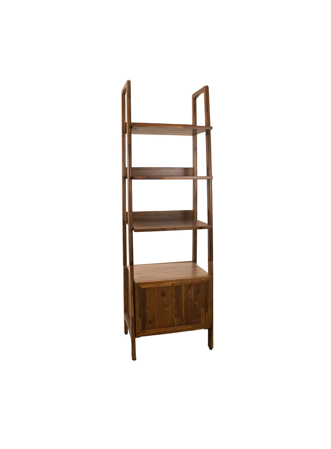 Bibliothèque Remix en acacia massif au design rétro scandinave avec quatre étagères et rangement fermé.