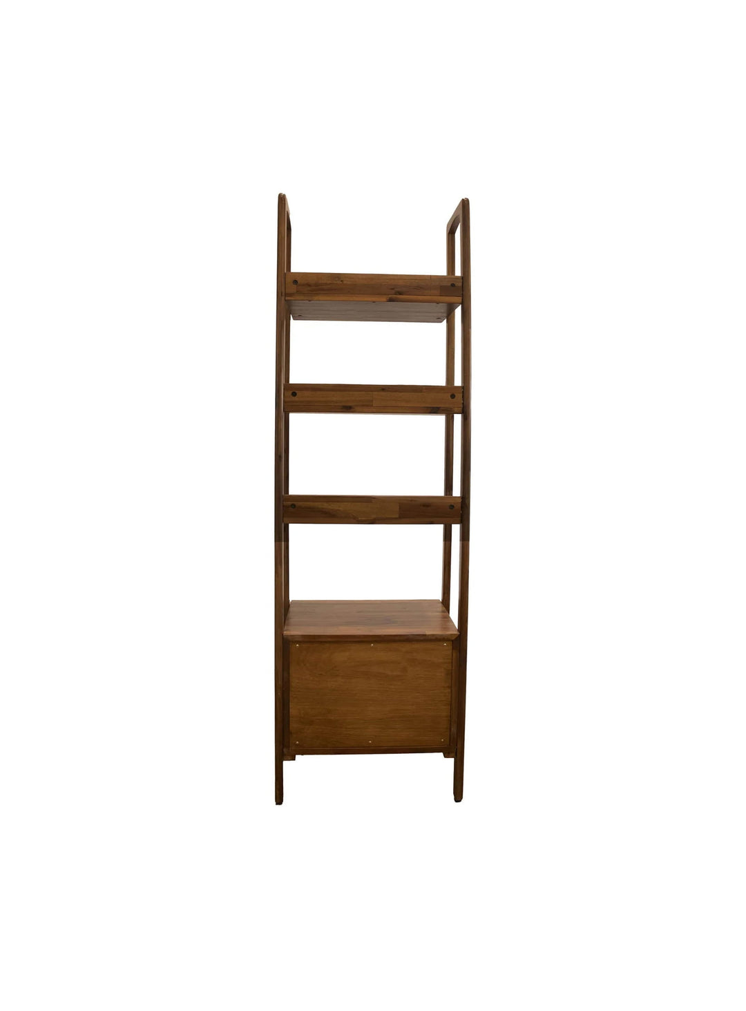 Bibliothèque Remix en bois d'acacia avec quatre étagères et compartiment fermé à fermeture douce.