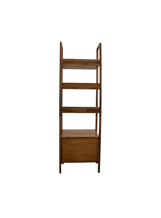 Bibliothèque Remix en bois d'acacia avec quatre étagères et compartiment fermé à fermeture douce.